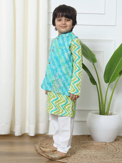 Boys Straight Style Rayon Fabric Blue And Green Color Bandhej Printed Kurta With Pyjama And Nehru Jacket