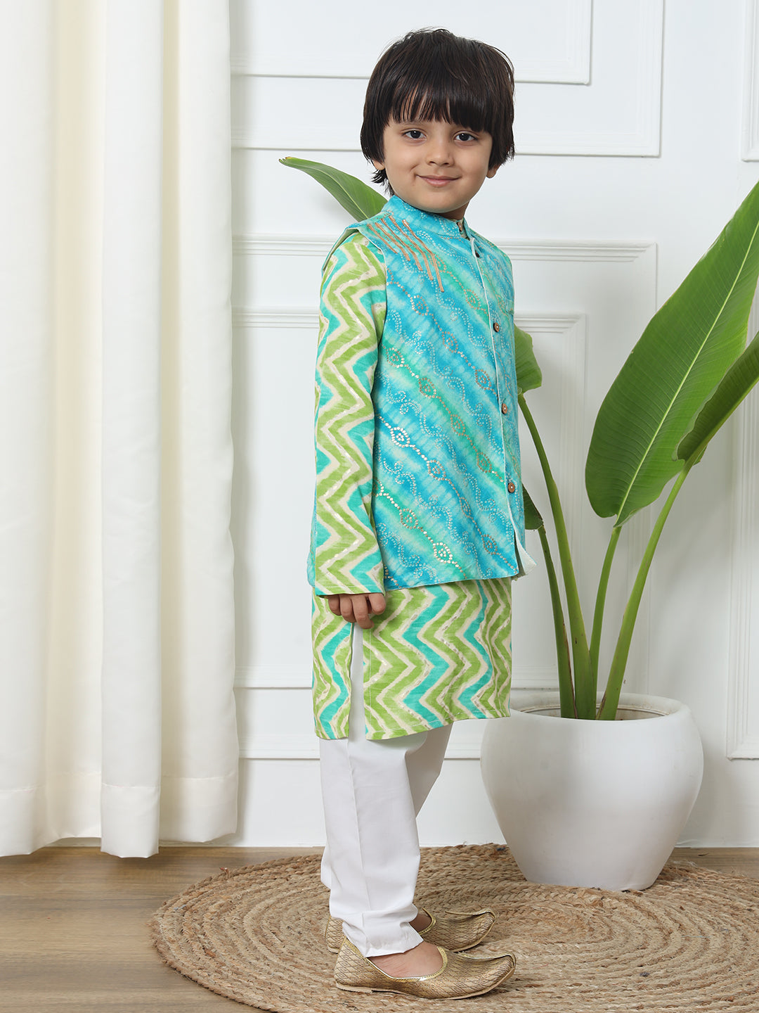 Boys Straight Style Rayon Fabric Blue And Green Color Bandhej Printed Kurta With Pyjama And Nehru Jacket