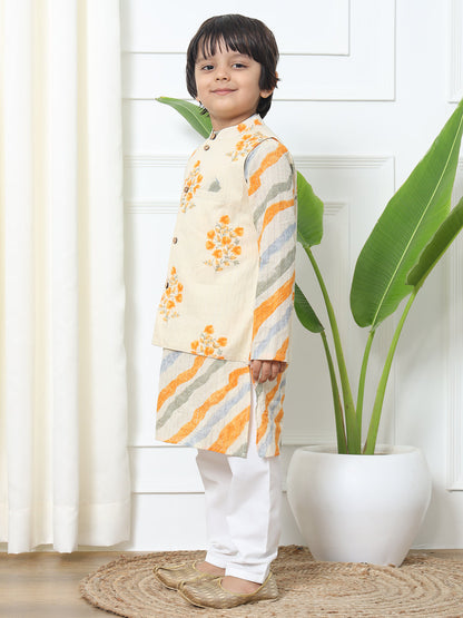 Boys Straight Style Cotton Fabric Cream Color Floral Printed Kurta With Pyjama And Nehru Jacket