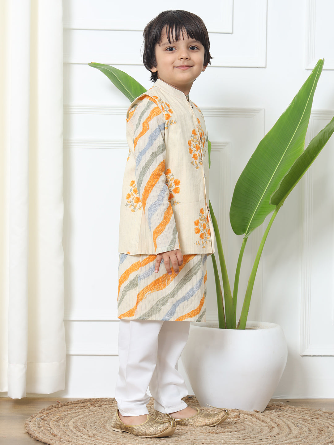 Boys Straight Style Cotton Fabric Cream Color Floral Printed Kurta With Pyjama And Nehru Jacket