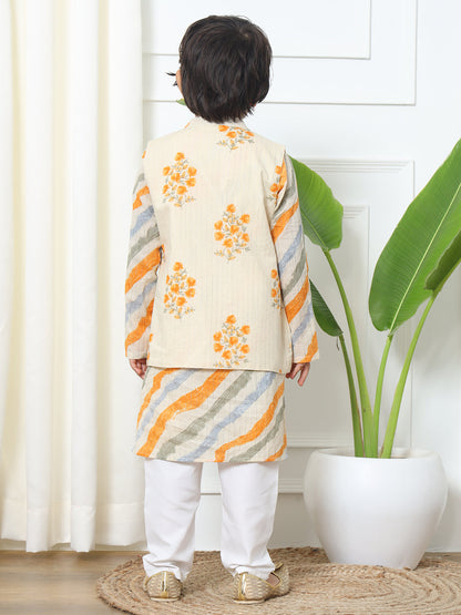 Boys Straight Style Cotton Fabric Cream Color Floral Printed Kurta With Pyjama And Nehru Jacket