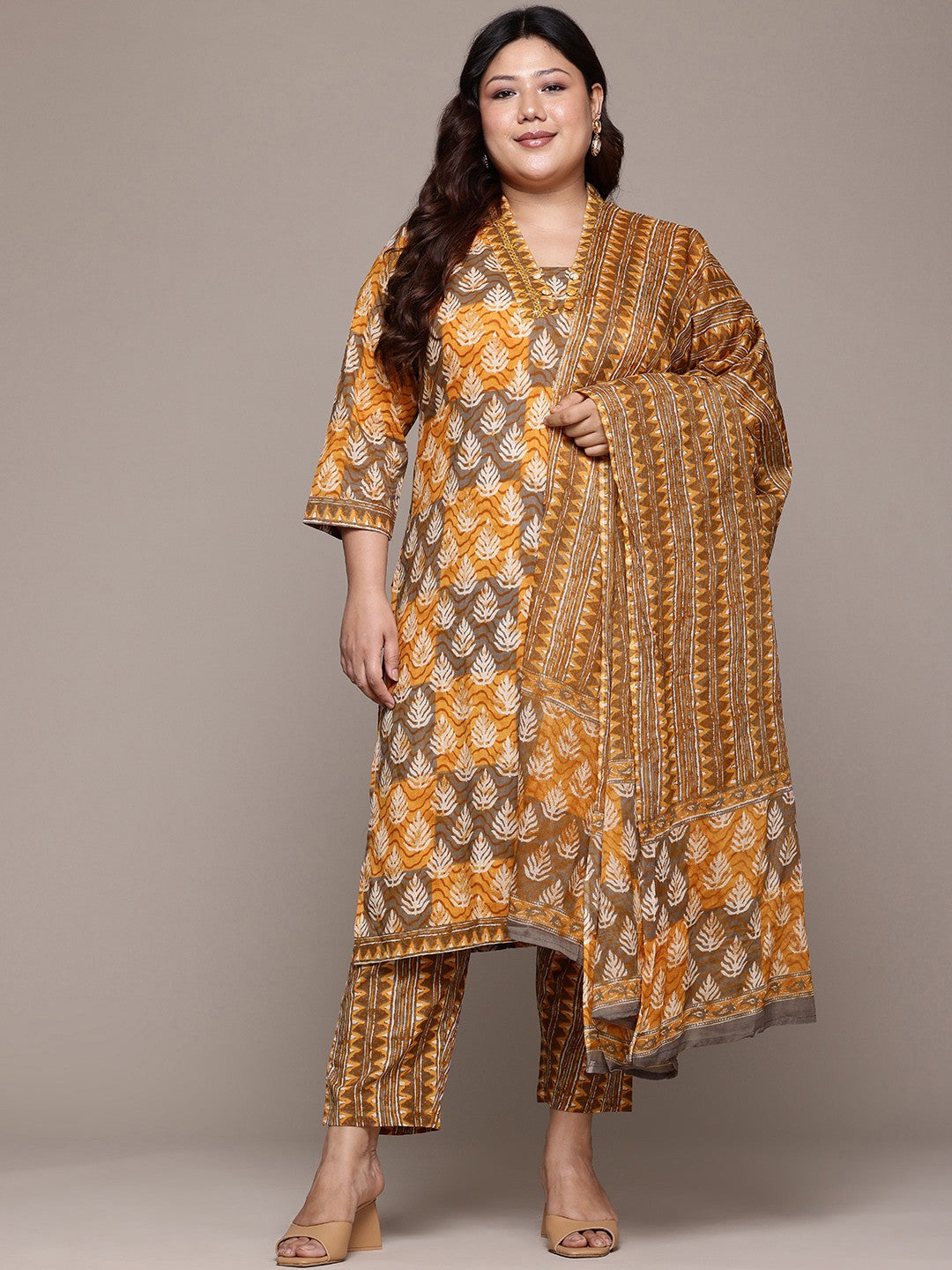 Straight Style Cotton Fabric Mustard Color Kurta With Bottom & Dupatta