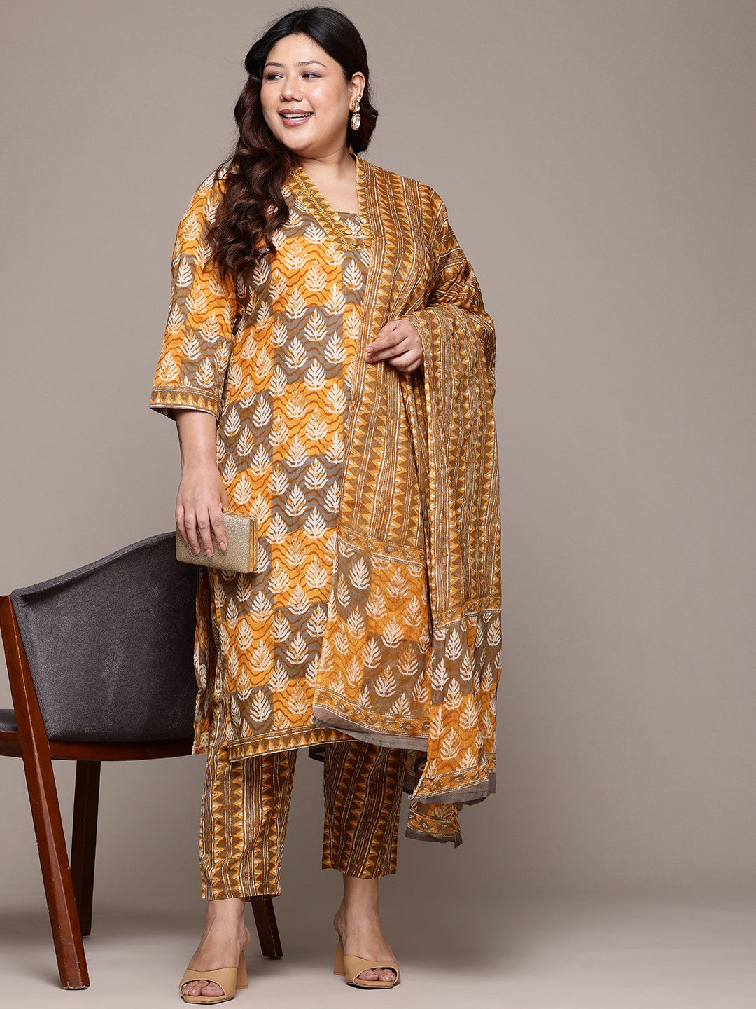 Straight Style Cotton Fabric Mustard Color Kurta With Bottom & Dupatta
