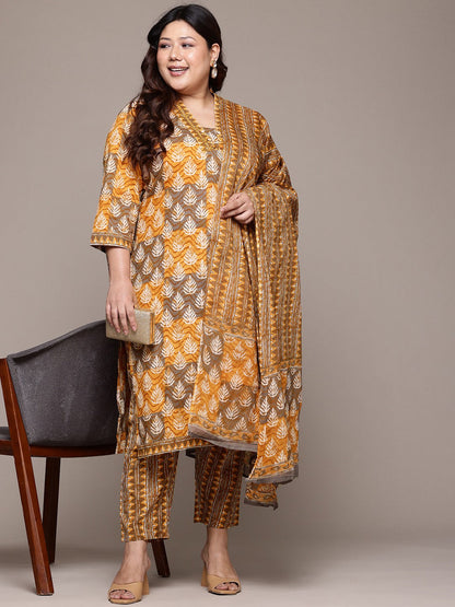 Straight Style Cotton Fabric Mustard Color Kurta With Bottom & Dupatta