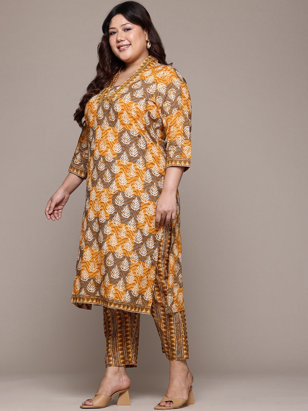 Straight Style Cotton Fabric Mustard Color Kurta With Bottom & Dupatta