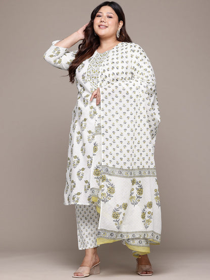 Straight Style Cotton Fabric Green & White Color Kurta With Bottom & Dupatta