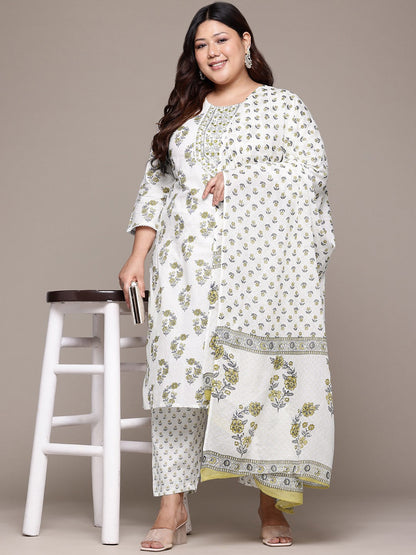 Straight Style Cotton Fabric Green & White Color Kurta With Bottom & Dupatta