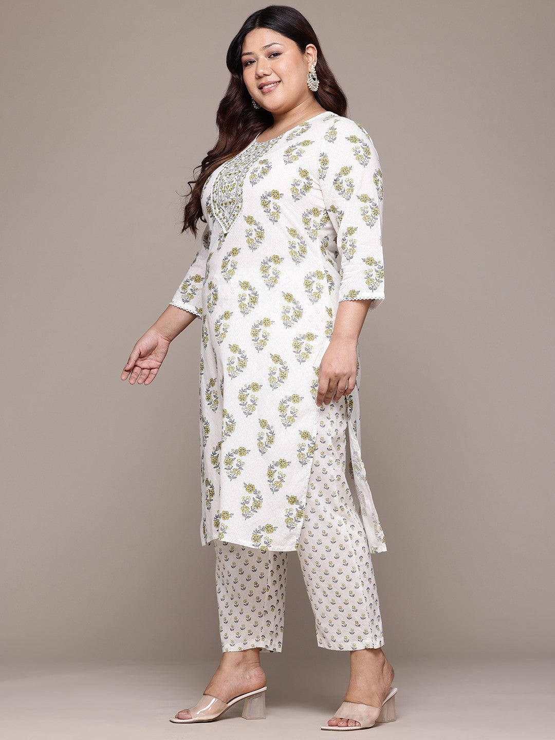 Straight Style Cotton Fabric Green & White Color Kurta With Bottom & Dupatta
