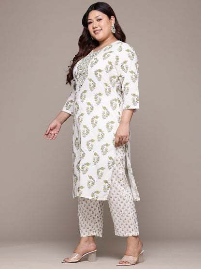 Straight Style Cotton Fabric Green & White Color Kurta With Bottom & Dupatta