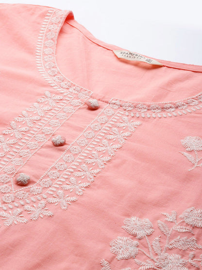 Straight Style Cotton Fabric Peach Color Kurta With Bottom