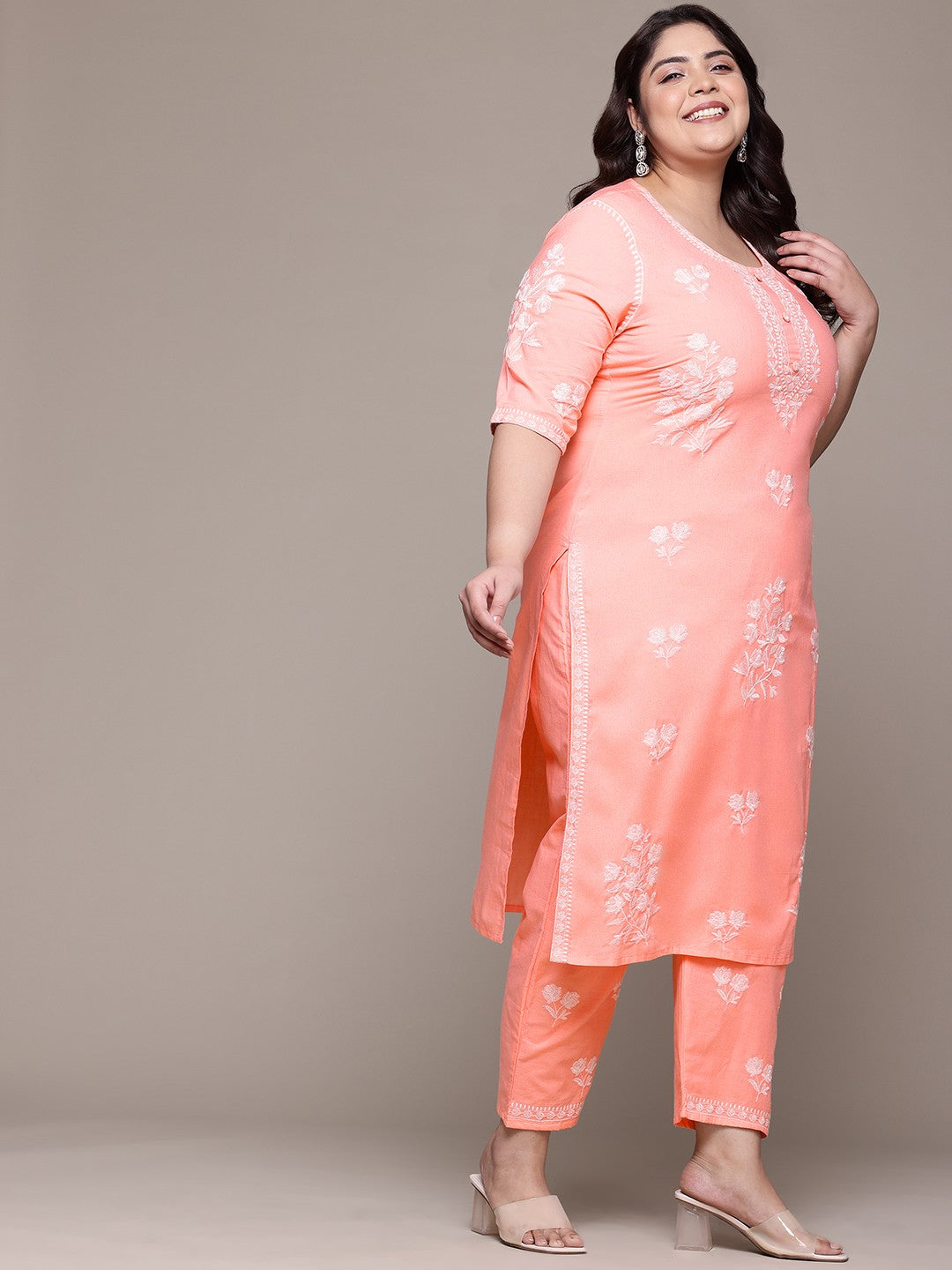 Straight Style Cotton Fabric Peach Color Kurta With Bottom