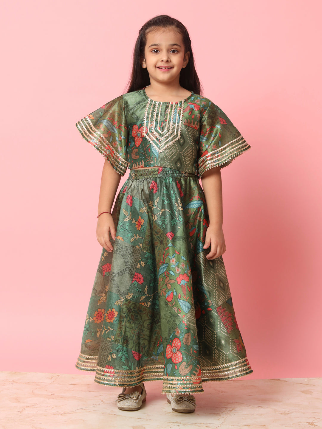 Straight Style Art Silk Fabric Green Color Printed Lehenga Choli With Gotta Lace Work
