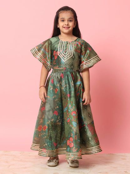 Straight Style Art Silk Fabric Green Color Printed Lehenga Choli With Gotta Lace Work