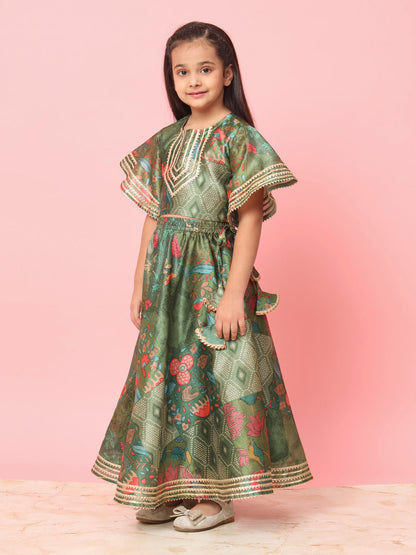 Straight Style Art Silk Fabric Green Color Printed Lehenga Choli With Gotta Lace Work