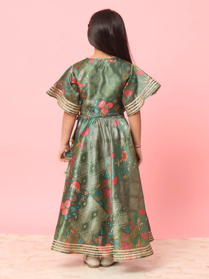 Straight Style Art Silk Fabric Green Color Printed Lehenga Choli With Gotta Lace Work