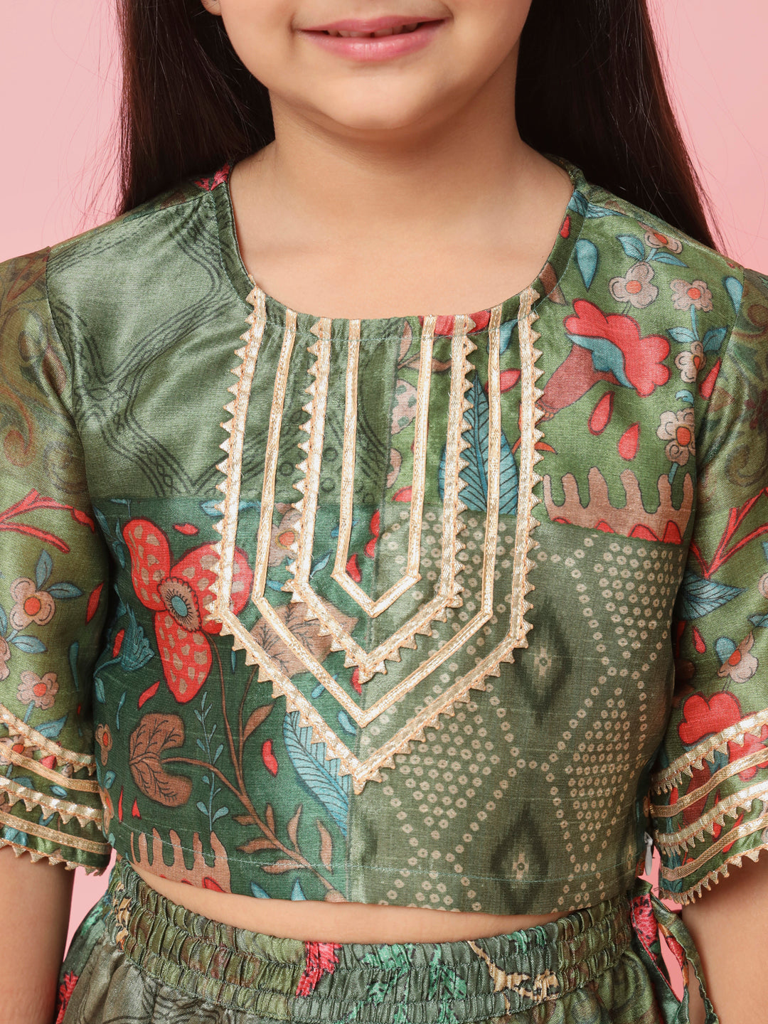 Straight Style Art Silk Fabric Green Color Printed Lehenga Choli With Gotta Lace Work