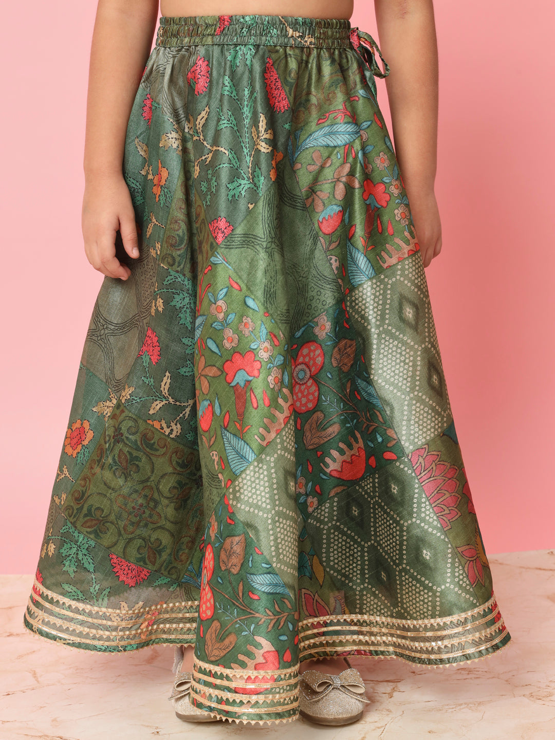Straight Style Art Silk Fabric Green Color Printed Lehenga Choli With Gotta Lace Work