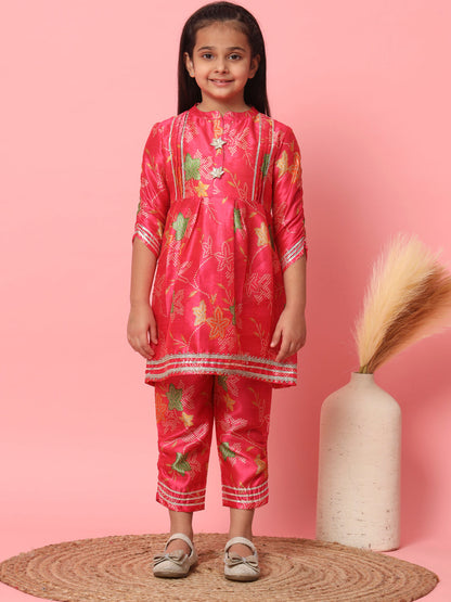 Girls Frock Style Art Silk Fabric Pink Color Bandhani Printed Kurti And Pyjama With Gotta Lace Work