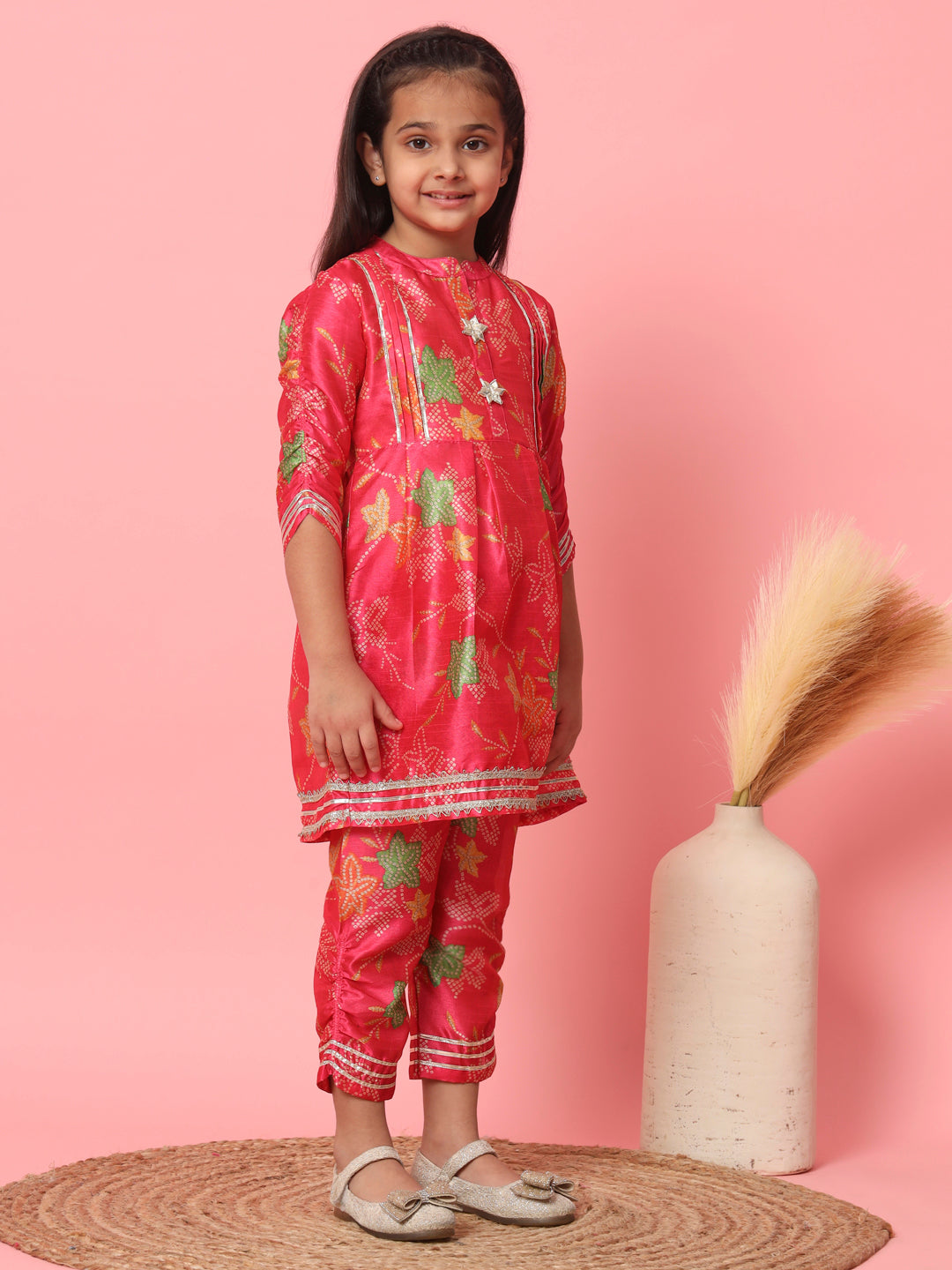 Girls Frock Style Art Silk Fabric Pink Color Bandhani Printed Kurti And Pyjama With Gotta Lace Work