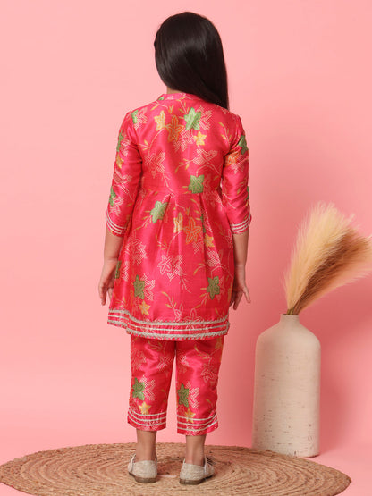 Girls Frock Style Art Silk Fabric Pink Color Bandhani Printed Kurti And Pyjama With Gotta Lace Work