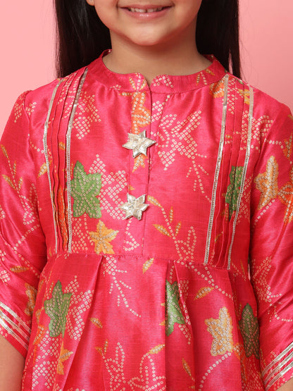 Girls Frock Style Art Silk Fabric Pink Color Bandhani Printed Kurti And Pyjama With Gotta Lace Work