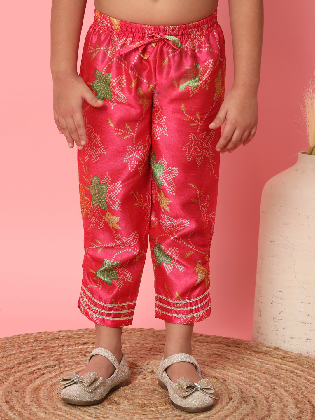 Girls Frock Style Art Silk Fabric Pink Color Bandhani Printed Kurti And Pyjama With Gotta Lace Work