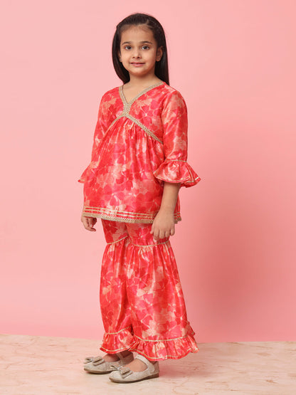 Girls Frock Style Art Silk Fabric Red Color Floral Printed Kurti And Sharara With Gotta Lace Work