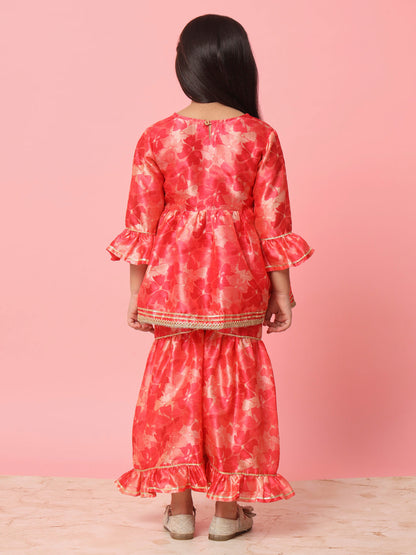 Girls Frock Style Art Silk Fabric Red Color Floral Printed Kurti And Sharara With Gotta Lace Work