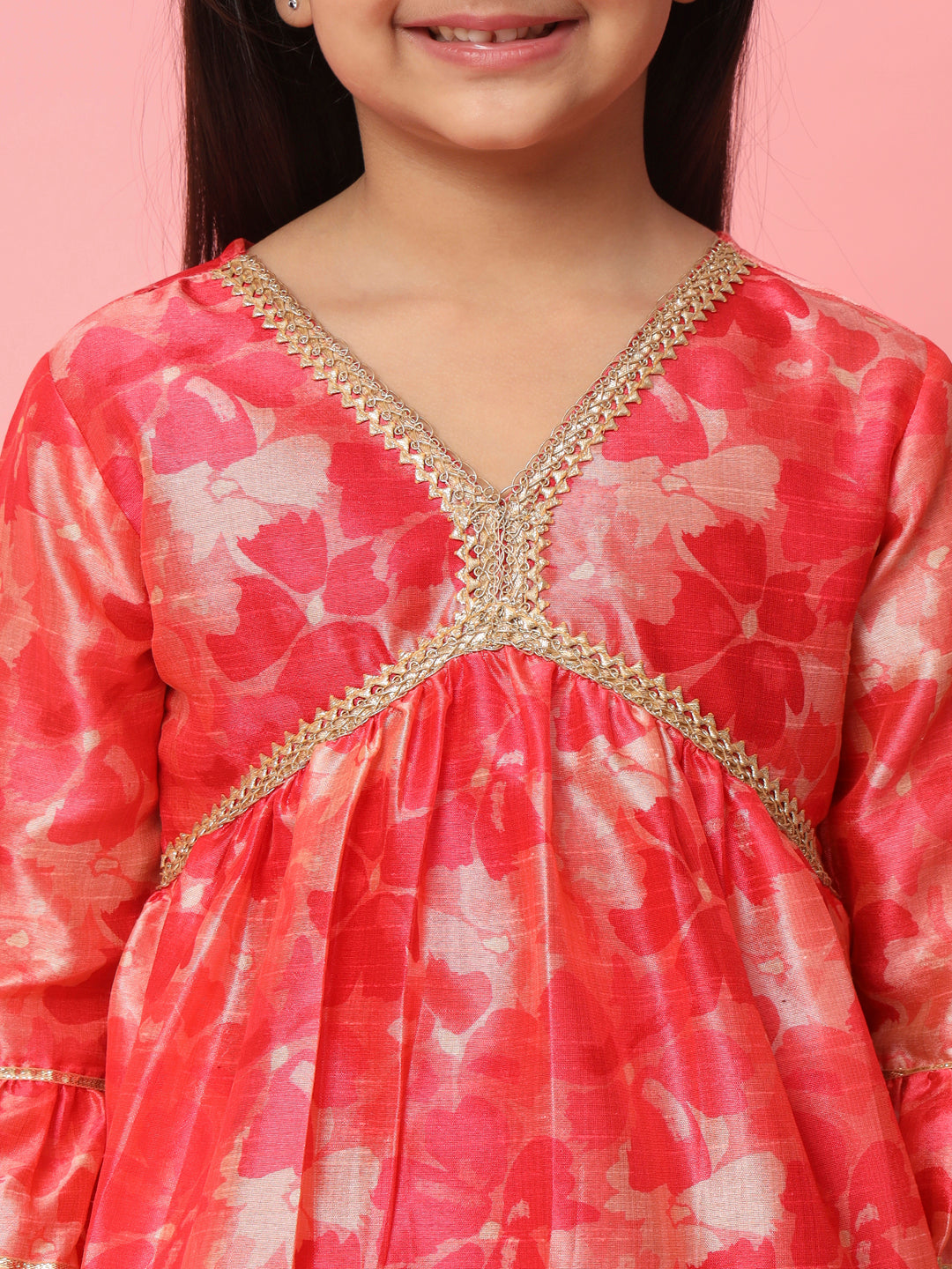 Girls Frock Style Art Silk Fabric Red Color Floral Printed Kurti And Sharara With Gotta Lace Work