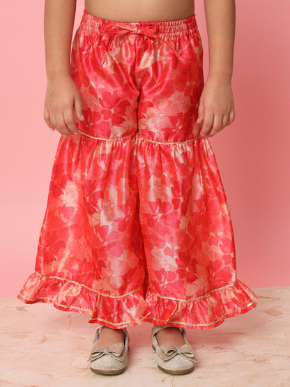 Girls Frock Style Art Silk Fabric Red Color Floral Printed Kurti And Sharara With Gotta Lace Work