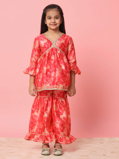Girls Frock Style Art Silk Fabric Red Color Floral Printed Kurti And Sharara With Gotta Lace Work