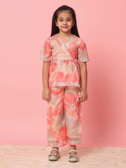 Girls Frock Style Organza Fabric Peach Color Floral Printed Kurti And Palazzo With Gotta Lace Work