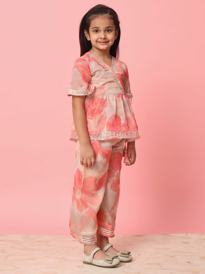 Girls Frock Style Organza Fabric Peach Color Floral Printed Kurti And Palazzo With Gotta Lace Work