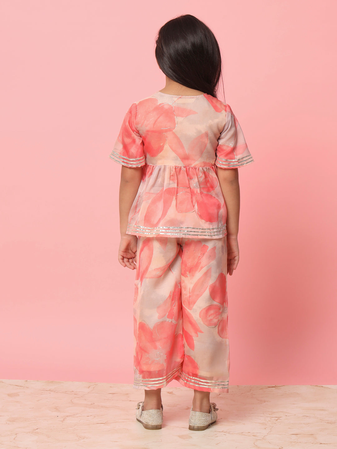 Girls Frock Style Organza Fabric Peach Color Floral Printed Kurti And Palazzo With Gotta Lace Work