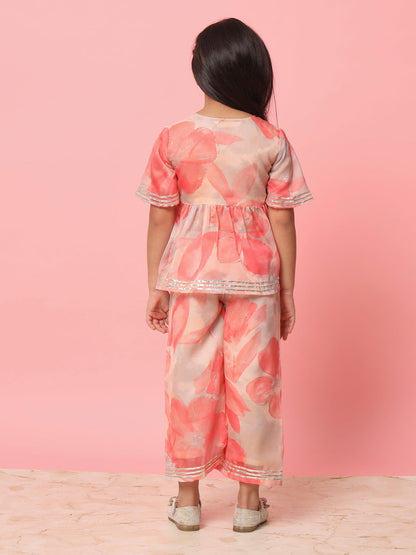 Girls Frock Style Organza Fabric Peach Color Floral Printed Kurti And Palazzo With Gotta Lace Work