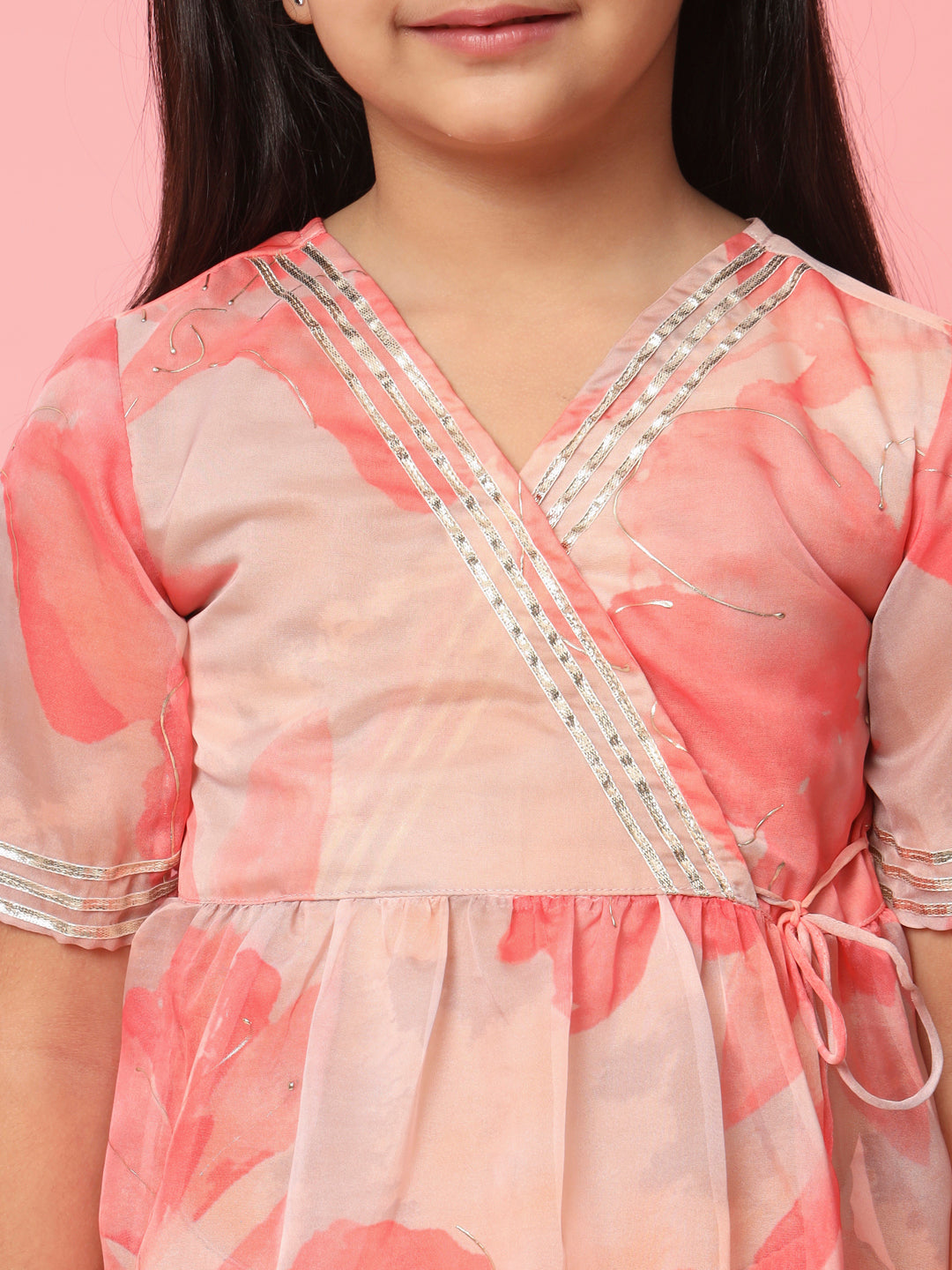 Girls Frock Style Organza Fabric Peach Color Floral Printed Kurti And Palazzo With Gotta Lace Work