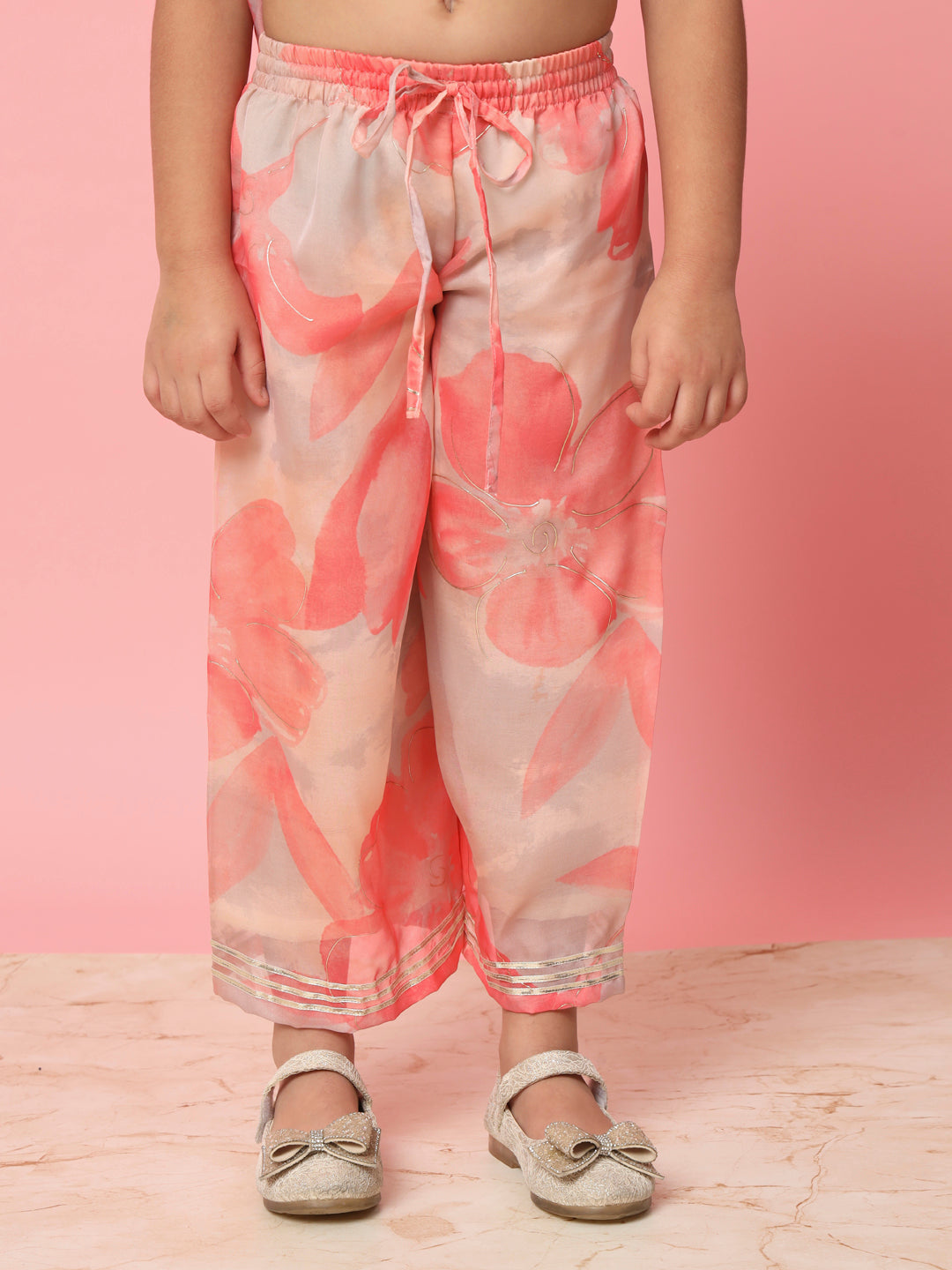 Girls Frock Style Organza Fabric Peach Color Floral Printed Kurti And Palazzo With Gotta Lace Work