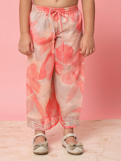 Girls Frock Style Organza Fabric Peach Color Floral Printed Kurti And Palazzo With Gotta Lace Work