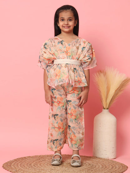 Girls Kaftan Style Organza Fabric Pink Color Floral Printed Top And Palazzo