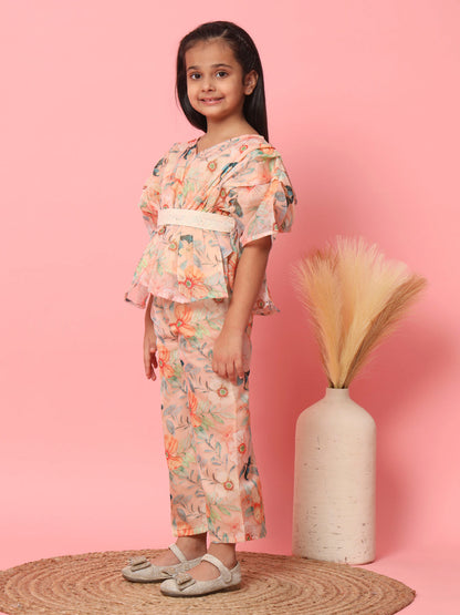 Girls Kaftan Style Organza Fabric Pink Color Floral Printed Top And Palazzo