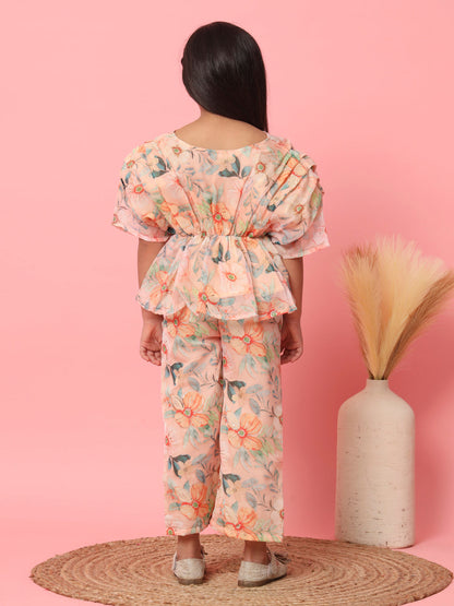 Girls Kaftan Style Organza Fabric Pink Color Floral Printed Top And Palazzo