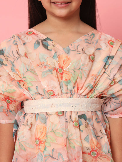 Girls Kaftan Style Organza Fabric Pink Color Floral Printed Top And Palazzo