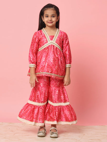Girls Frock Style Art Silk Fabric Pink Color Bandhani Printed Kurti And Sharara With Gotta Lace Work