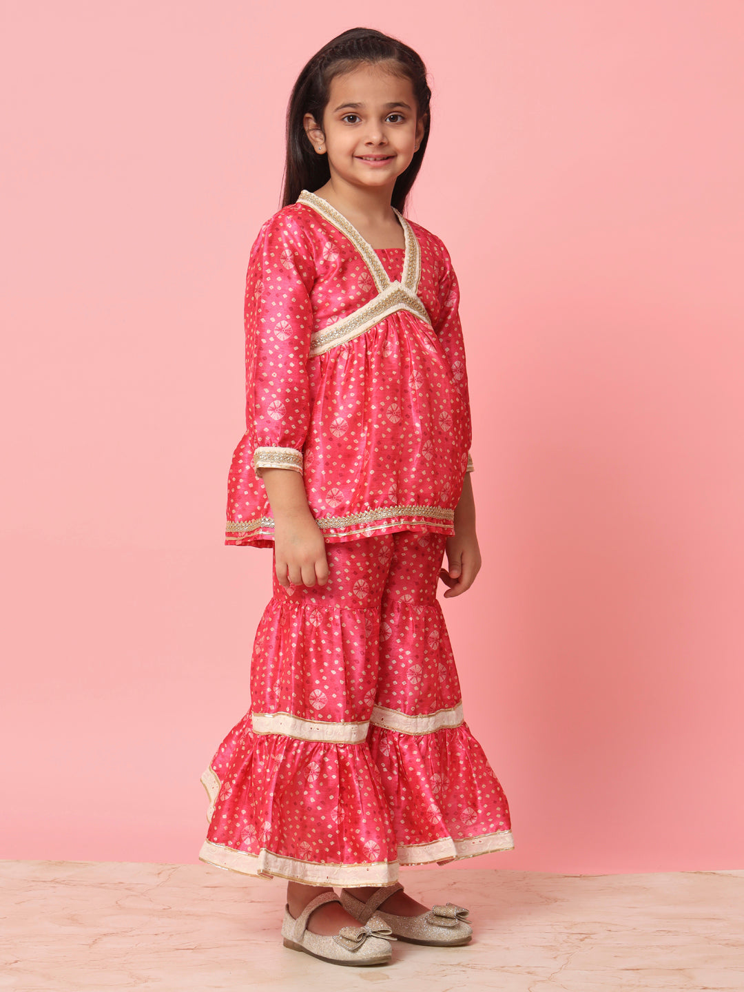 Girls Frock Style Art Silk Fabric Pink Color Bandhani Printed Kurti And Sharara With Gotta Lace Work