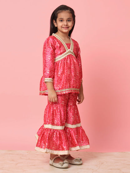 Girls Frock Style Art Silk Fabric Pink Color Bandhani Printed Kurti And Sharara With Gotta Lace Work