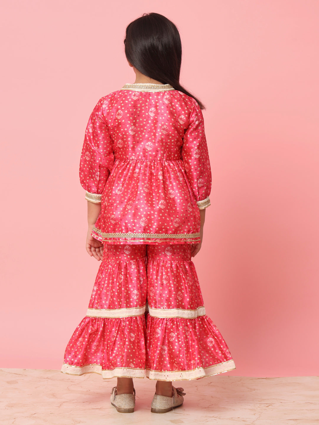 Girls Frock Style Art Silk Fabric Pink Color Bandhani Printed Kurti And Sharara With Gotta Lace Work