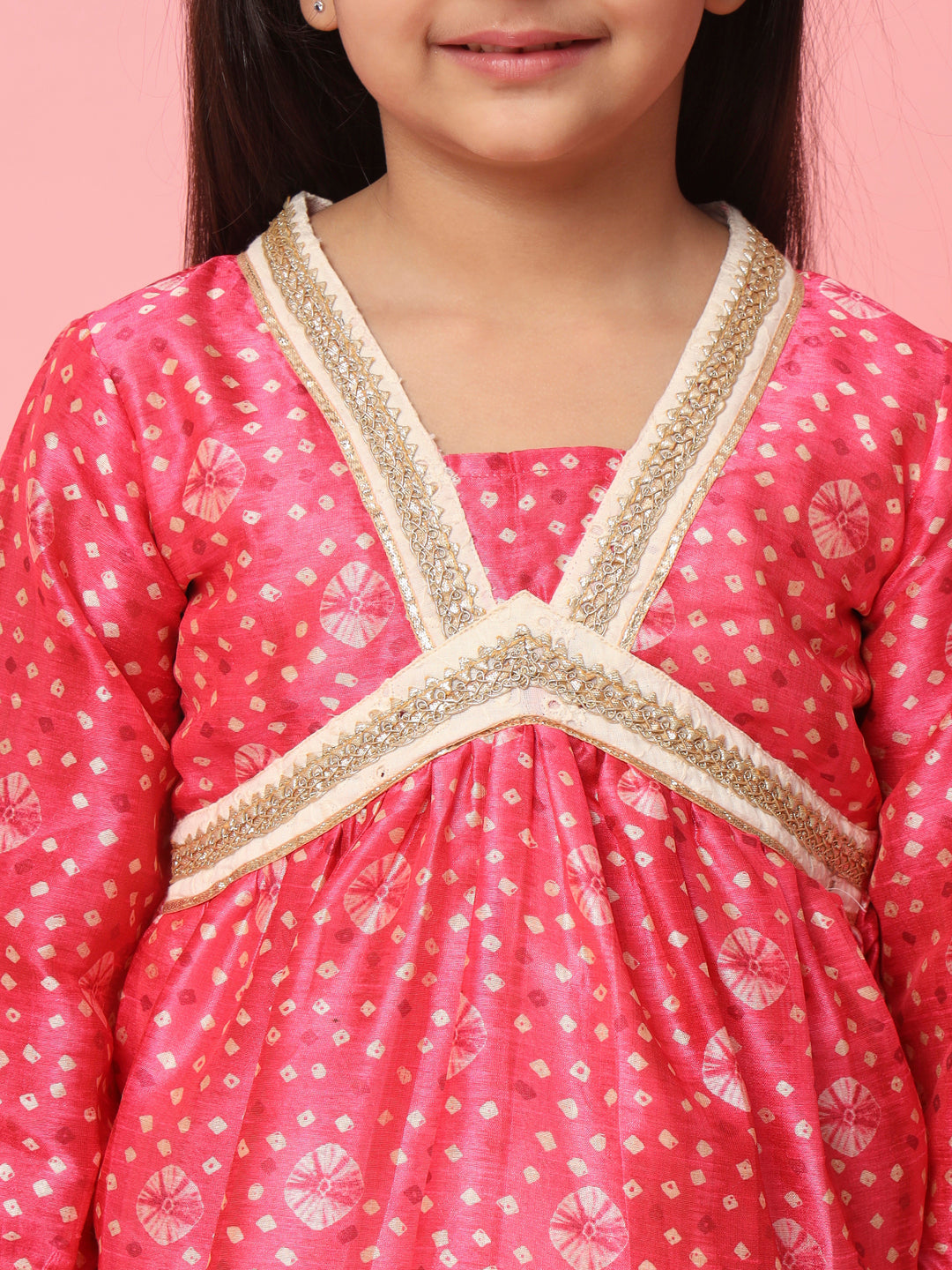 Girls Frock Style Art Silk Fabric Pink Color Bandhani Printed Kurti And Sharara With Gotta Lace Work