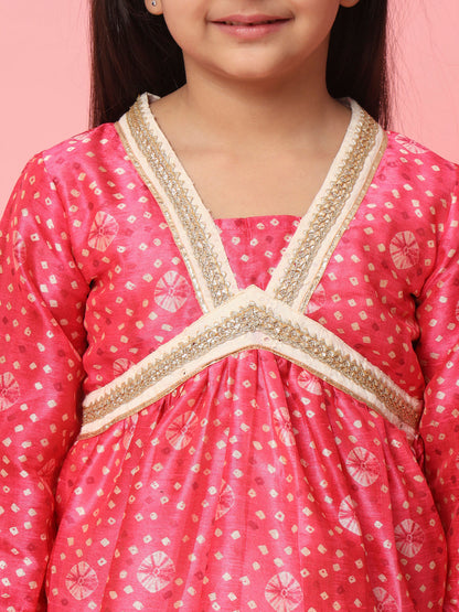 Girls Frock Style Art Silk Fabric Pink Color Bandhani Printed Kurti And Sharara With Gotta Lace Work
