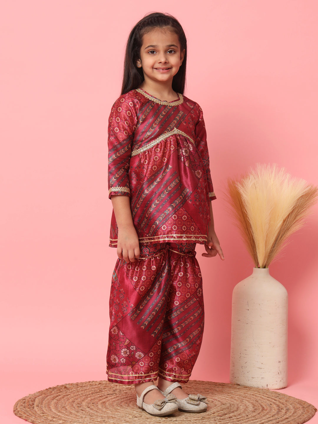 Girls Frock Style Art Silk Fabric Maroon Color Floral Printed Kurti And Sharara With Gotta Lace Work