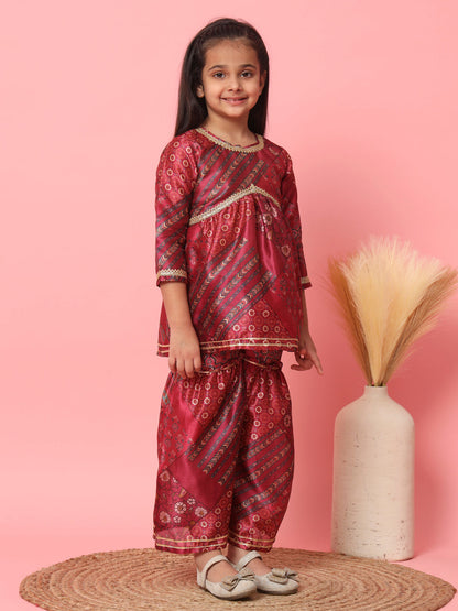 Girls Frock Style Art Silk Fabric Maroon Color Floral Printed Kurti And Sharara With Gotta Lace Work